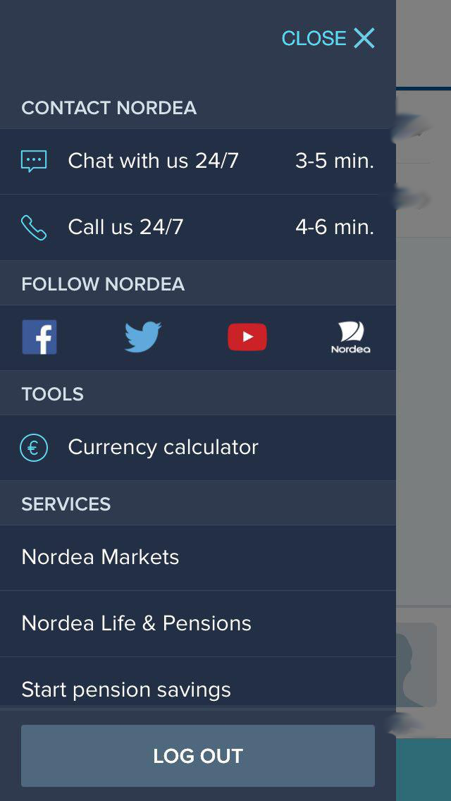 Nordea, мобильное приложение, меню