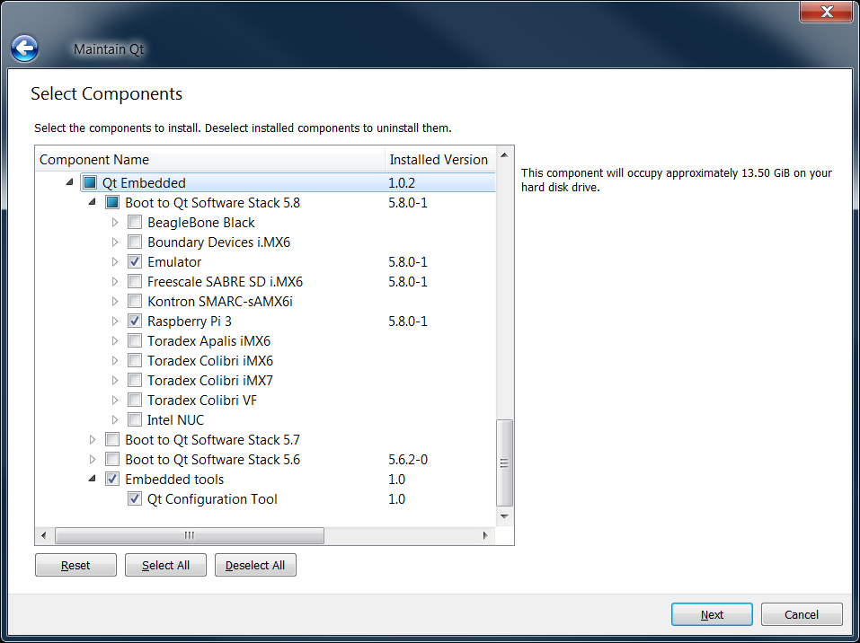 Install Qt with components for embedded