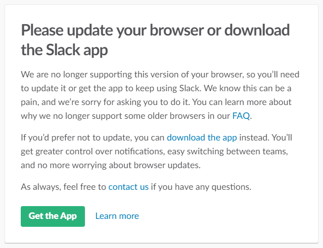 Slack warning about obsolete browser