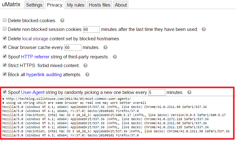 uMatrix, Spoof User-Agent list