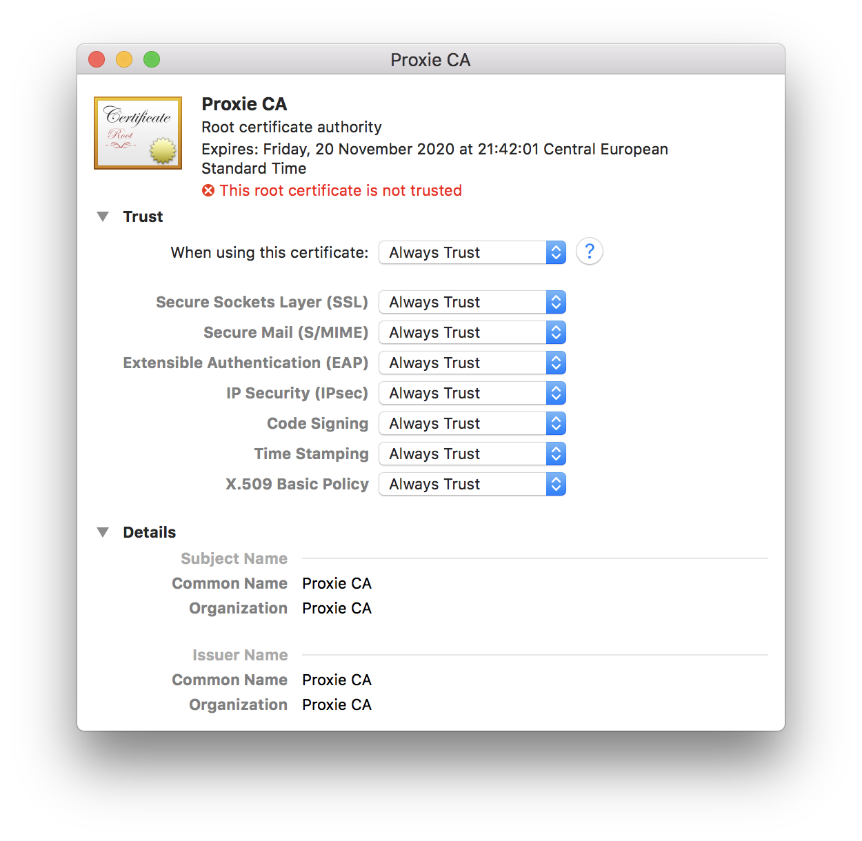 Mac OS, certificate trust
