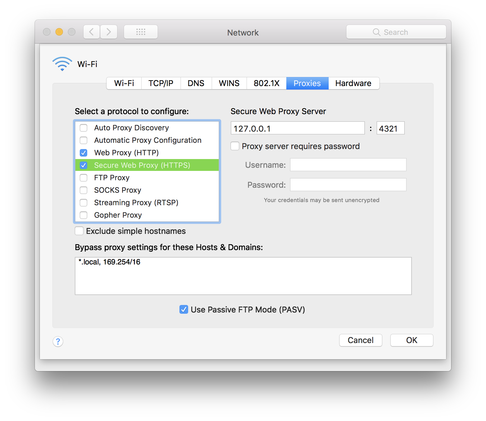 Mac OS network settings, proxy