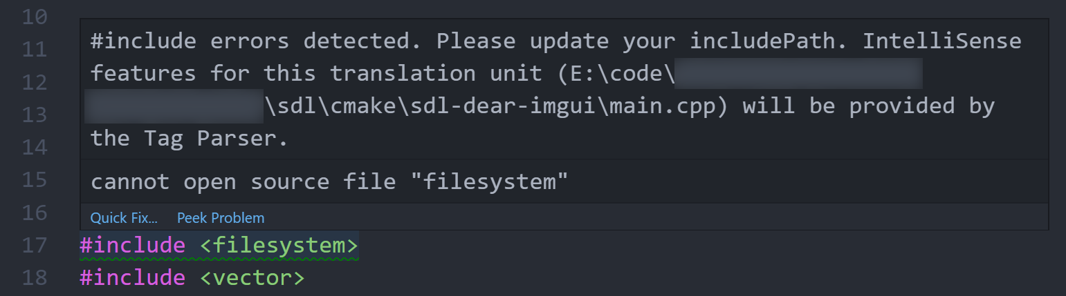 VS Code, includes warning