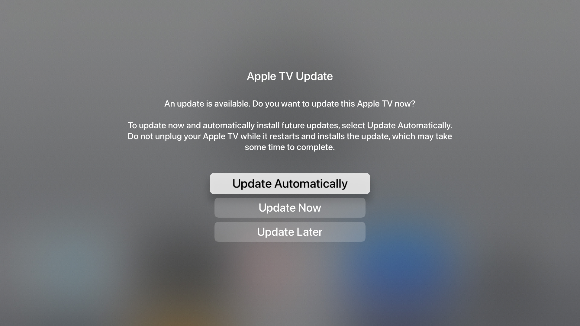 Apple TV fullscreen update prompt