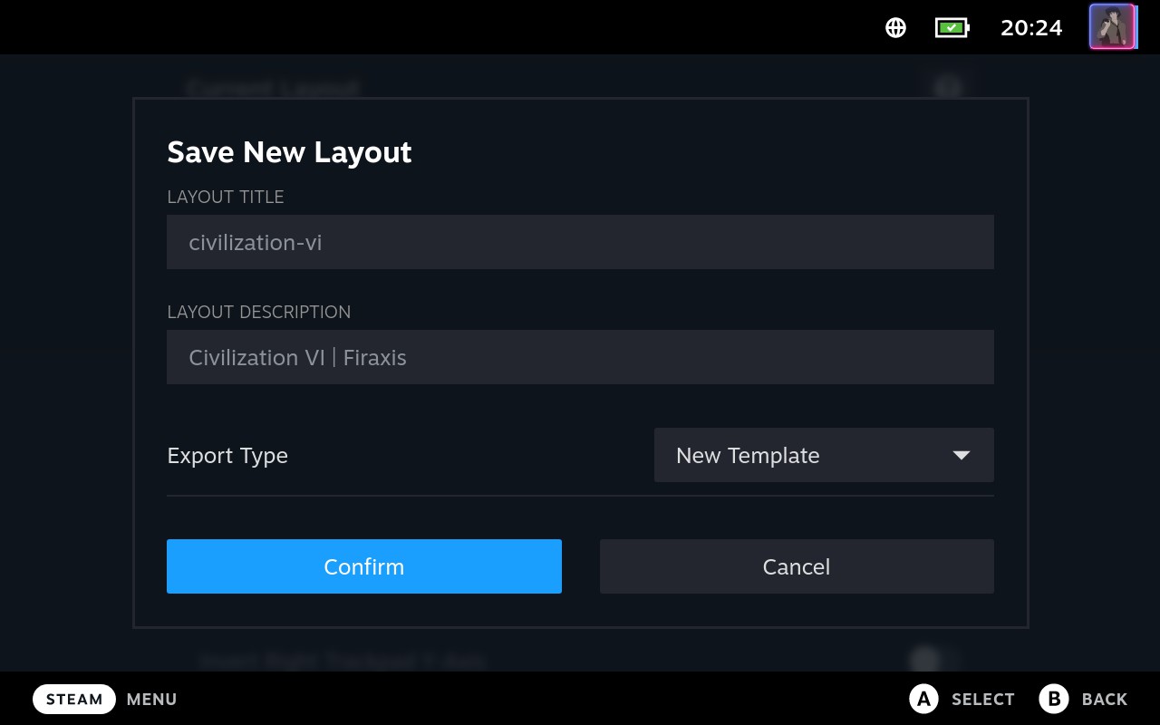 Steam Deck, exporting community layout as New Template