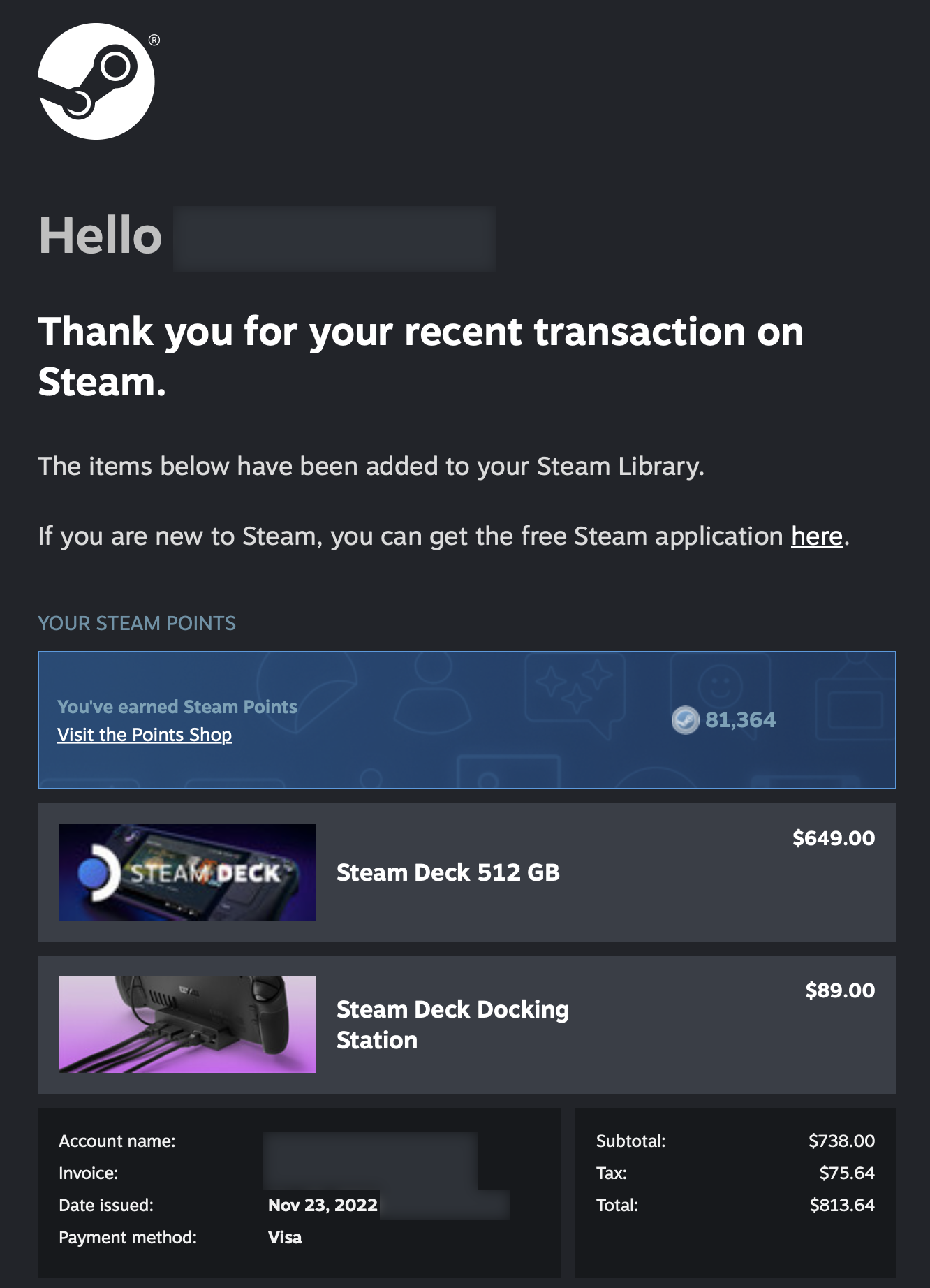 Steam Deck order confirmation