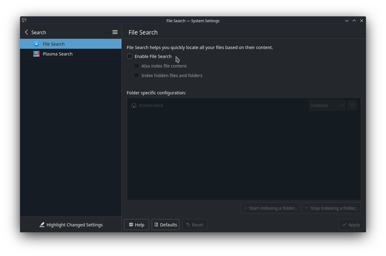 KDE, System Settings, File Search
