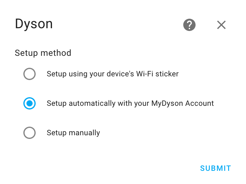 HACS, configuring Dyson with an account