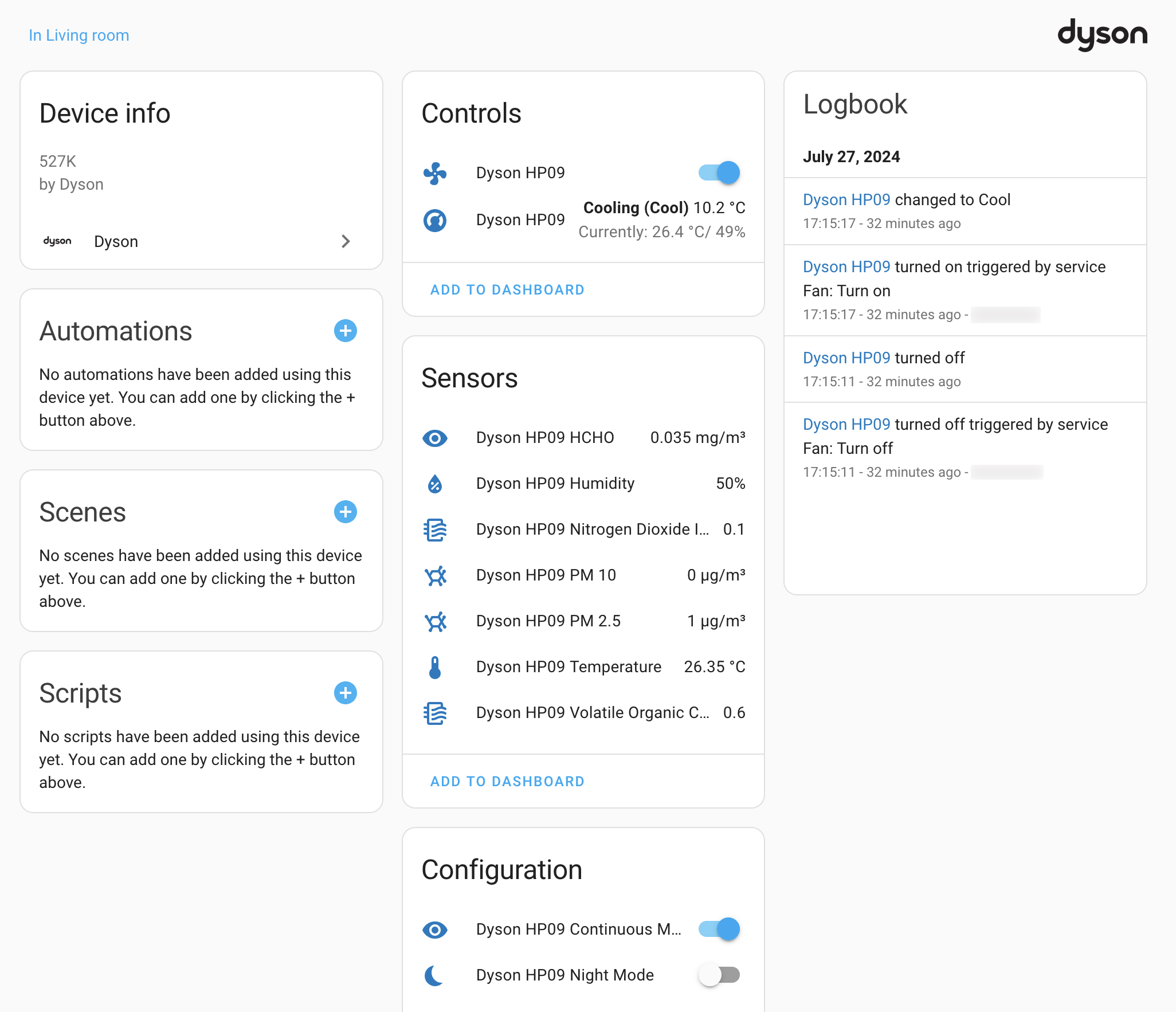 Home Assistant, Dyson sensors