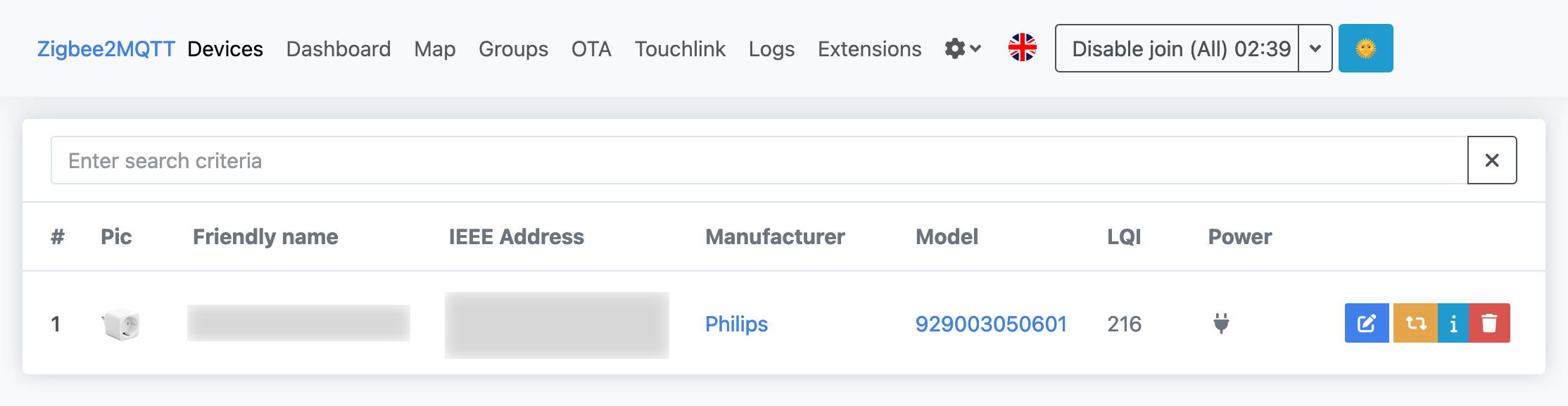 Zigbee2MQTT, discovered device