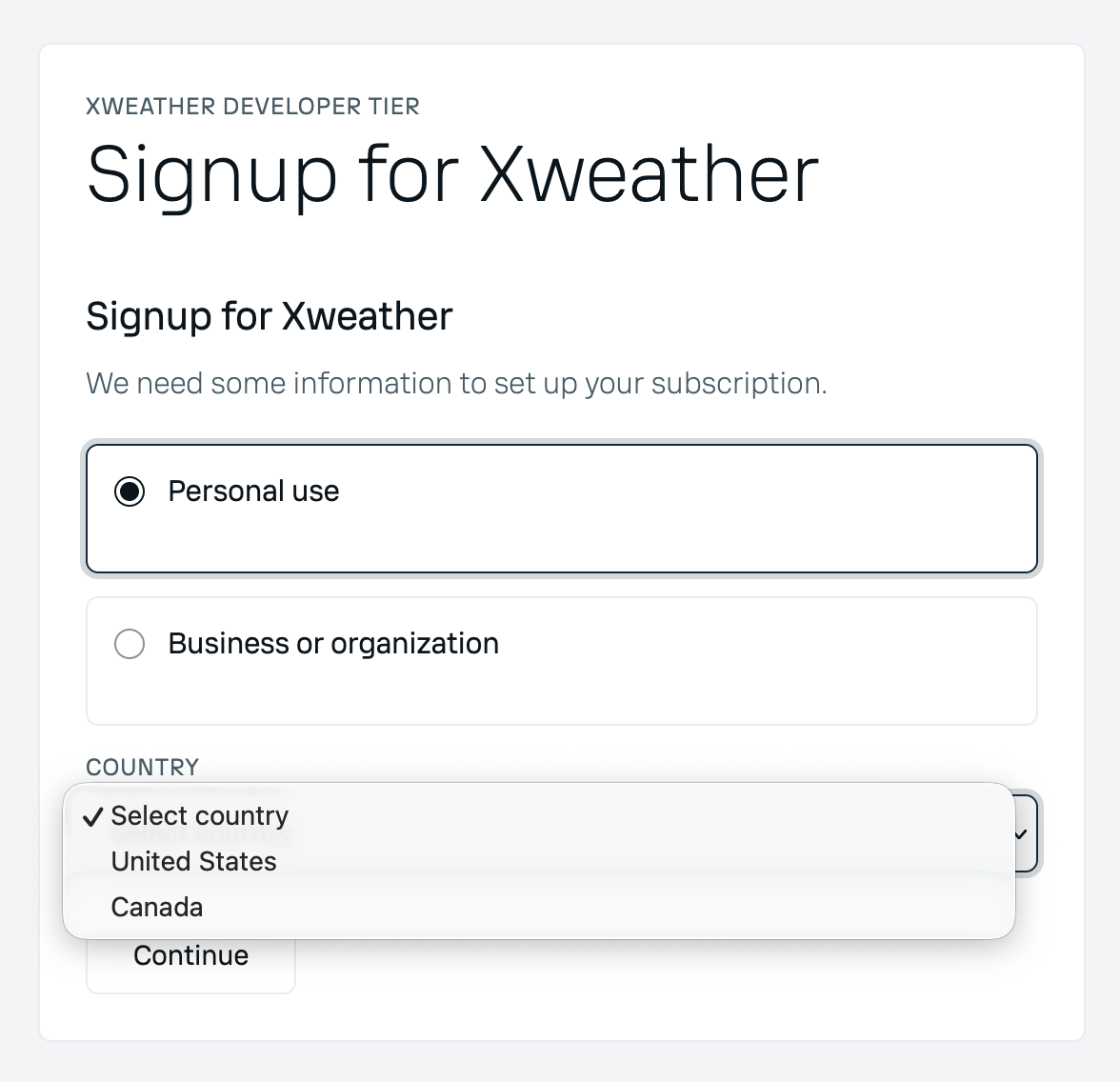 Xweather, registration options are only United States or Canada
